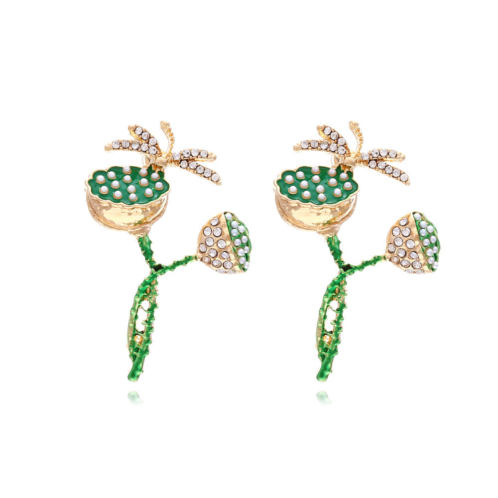 Cute Alloy Diamond Lotus Seedpod Pearl Flower Dragonfly Earrings