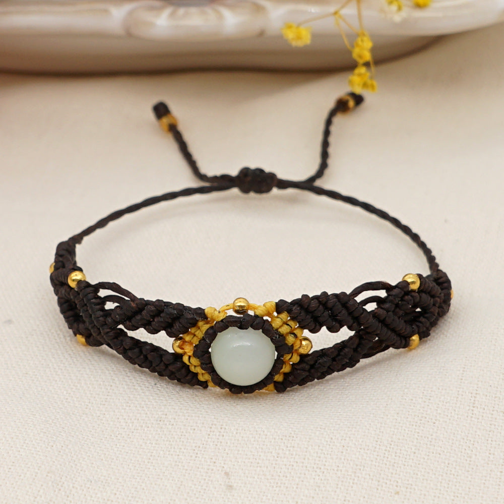 Ethnic Style Wax Rope Thread Carrying Strap Handmade Natural Stone Beaded Braided Rope Bracelet